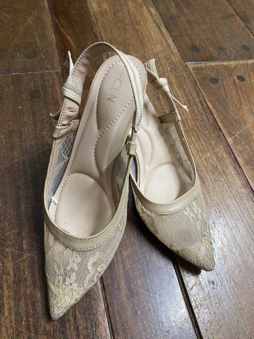 CLN Nude Lace Pointed-Toe Slingback Heels (Category: Heels) located in Manila. Submitted by safeturtle_ed18ab (Listing ID 1467370877, Image 2). Description: - Brand: CLN - Style: Nude slingback kitten heels with pointed toe - Details: Sheer lace overlay on sides and front, elastic back strap with side tie - Condition: Worn only a couple of times indoors, very clean insoles, minimal wear on soles - Ideal for: Office wear, dates, and special occasi