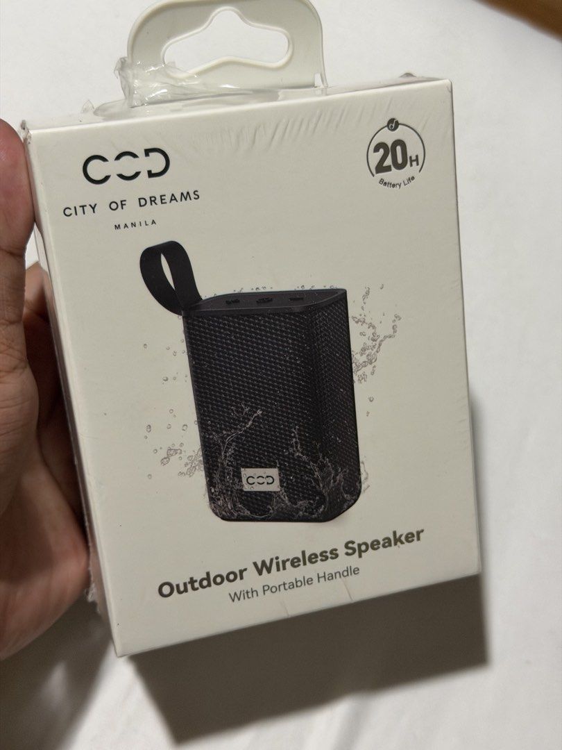 COD Outdoor Wireless Speaker with Portable Handle (Category: Soundbars, Speakers & Amplifiers) located in Pasig City. Submitted by sephieysabelle (Listing ID 1467431063, Image 2). Description: Brand new, factory-sealed COD outdoor wireless speaker in black mesh with a carry strap. Features Bluetooth 5.3, 20 hours of battery life, IP66 waterproof rating, and big sound in a compact size. Loc: dela Paz Pasig.