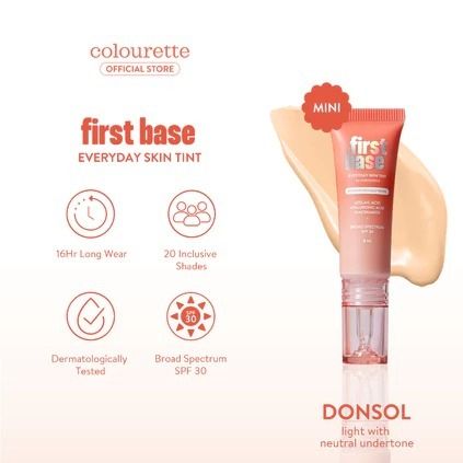 Colourette Mini First Base Skin Tint (Category: Makeup) located in Caloocan City. Submitted by kikayqueenph (Listing ID 1467428954, Image 1). Description: Your favorite skin tint, now in mini! Colourette First Base Everyday Skin Tint (Mini) — travel-size, same glow. 16hr long wear, dermatologically tested, broad spectrum SPF 30. 4.9 stars, 10,000+ sold online. Shade shown: Donsol (20 shades available). 👍 Message me to order!.