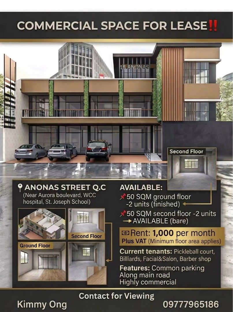 COMMERCIAL SPACE IN CUBAO Q.C (Category: Commercial) located in Manila. Submitted by happybear24 (Listing ID 1467371490, Image 1). Description: Anonas Ground flr — 1,000 per sqm plus VAT (finished units) Second floor — 700 per sqm (Bare units) Terms: 3 months deposit 1 month advance .