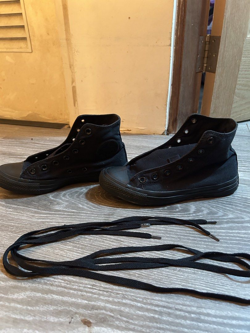 Converse Chuck Taylor All Star High Top Black (Category: Sneakers) located in Manila. Submitted by elhaiza1533754 (Listing ID 1467518547, Image 1). Description: (dents: nawalan nalang dikit pwede paring irepair) Black high top Converse sneakers. Unisex sizing, men's 5.5, women's 7.5, EUR 38, CM 24.5. Model M3310C. Canvas upper, rubber outsole. Matching black laces included. Some separation at the rubber midsole on the sides of both shoes as pictu