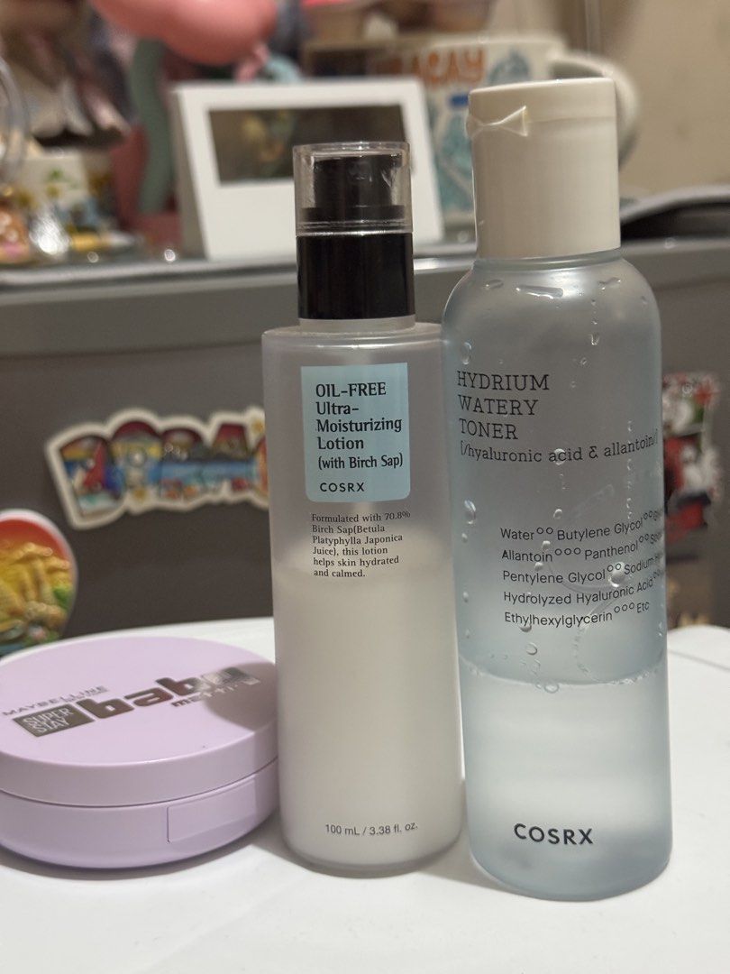 COSRX Skincare & Maybelline set (Category: Face Care) located in Quezon City. Submitted by martitay02 (Listing ID 1467379089, Image 1). Description: - COSRX Hydrium Watery Toner 199✅ (hyaluronic acid & allantoin, exp date 05/27~ see pic for juice level - 850 retail price in store, selling low❗️ - COSRX Oil-Free Ultra-Moisturizing Lotion with birch sap, 100 mL 299✅ exp date 03/27 (~50% full) - 1,070 retail price in store, selling low❗️ - Maybellin