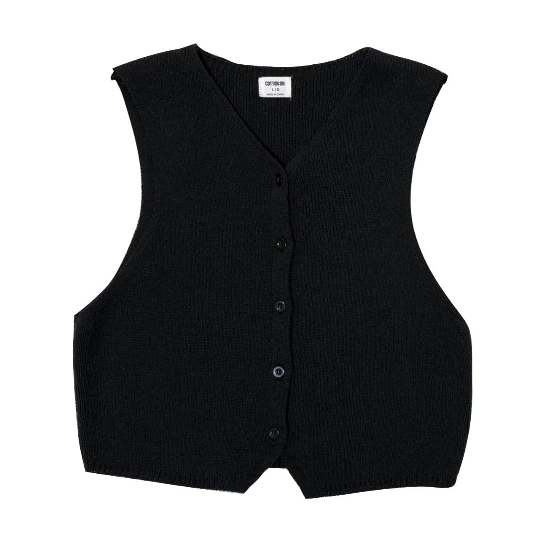 Cotton On Black Rib Knit Button Vest (Category: Sleeveless) located in Dasmarinas. Submitted by kiyanah (Listing ID 1467559794, Image 1). Description: - black rib knit button vest - best fits medium-large frame - armhole is a bit big, I’d recommend wearing a camisole or tube top underneath RFS: not my style anymore; decluttering Measurement: Length - 19 inches Width - 17.5 inches.