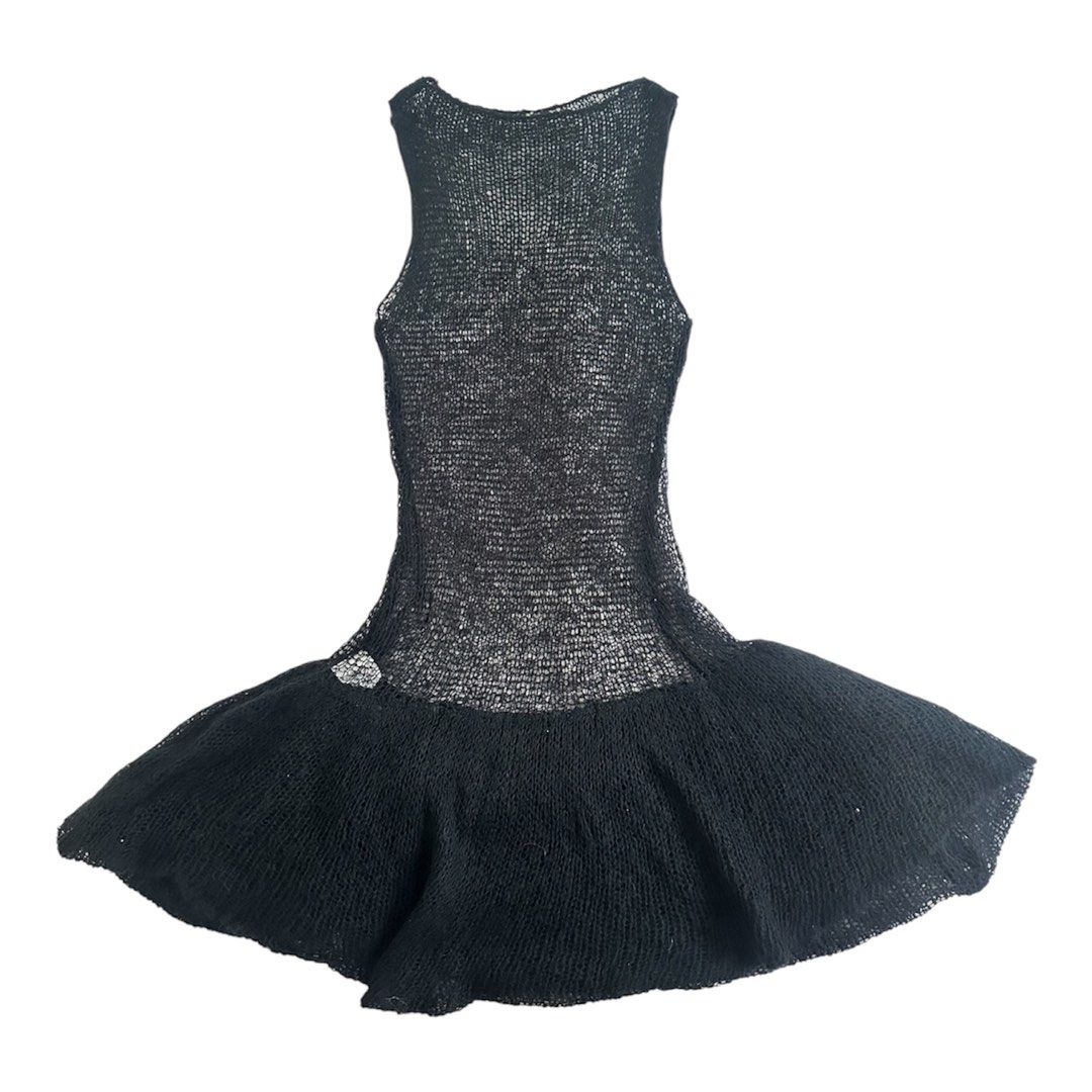 COUREZ KNITTED BLACK MINI DRESS (SEE THROUGH) (Category: Dresses) located in Cagayan de Oro. Submitted by thelastzipper (Listing ID 1467439228, Image 1). Description: - Perfect for layering and beach! - Style: Sleeveless black knit mini dress with a dropped flared skirt - Material: Open-weave textured acrylic blend - Care: Machine washable GCASH PAYMENT ONLY SHIPPING VIA J&T FROM CDO.