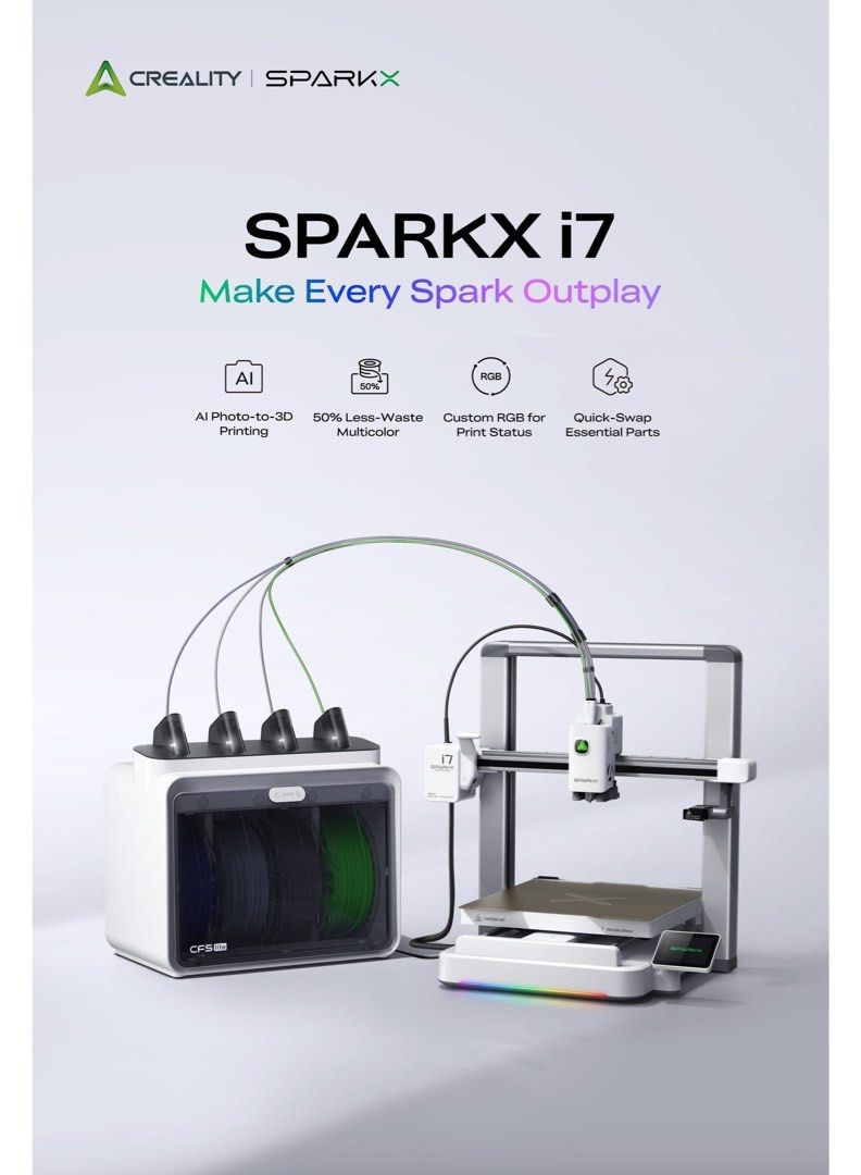 Creality SPARKX i7 COMBO 3D Printer (Category: Printers, Scanners & Copiers) located in Mandaluyong City. Submitted by leajiwon (Listing ID 1467405820, Image 1). Description: Less than a month used Pick up: Las pinas - Model: Creality SPARKX i7 3D Printer with CFS Lite multicolor system - Includes 4 filament rolls already loaded in the automatic material station - Features AI photo-to-3D printing technology for easy creations - Equipped with quic