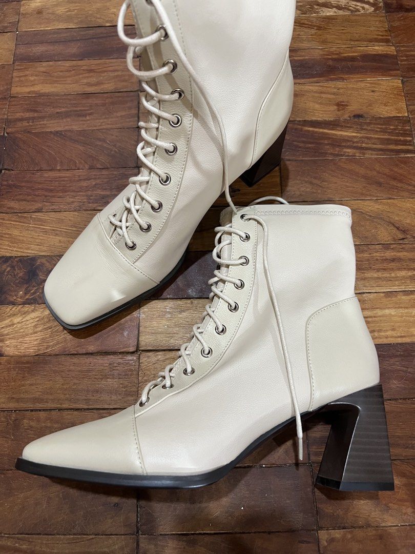 Cream Lace-Up Heeled Boots (Category: Boots) located in Paranaque City. Submitted by krcts (Listing ID 1467566027, Image 2). Description: PU leather Fits a 37 .