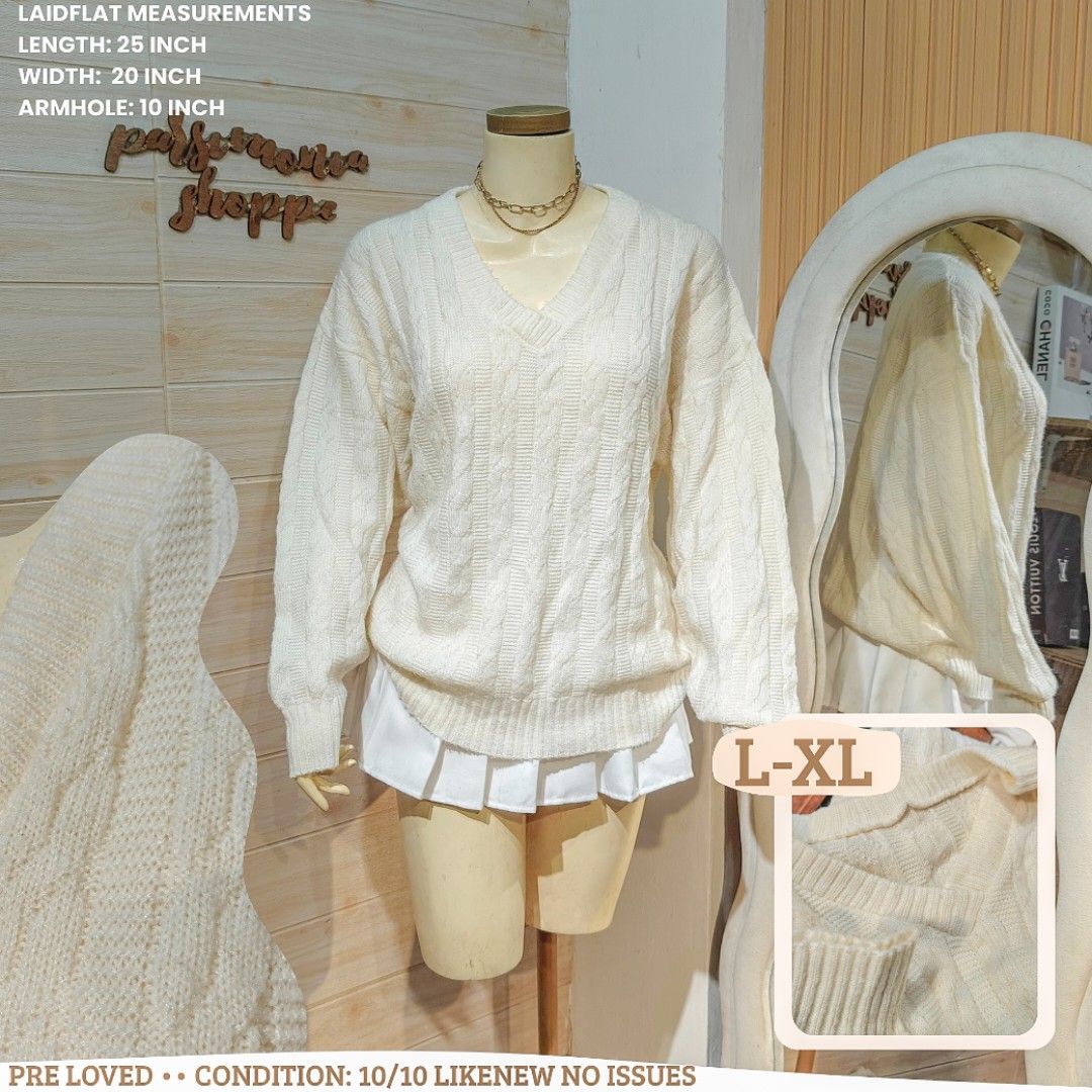 Off White V-Neck Cable Knit Pullover Sweater Likenew (Category: Coats, Jackets and Outerwear) located in Bulacan. Submitted by alyssarys (Listing ID 1467503635, Image 1). Description: Cream white cable knit sweater with a V-neckline. -stretch premium imported fabric. Laid-flat measurements: length 25 inches, width 20 inches, armhole 10 inches. Fits size L to XL. Clean fabric with zero flaws..
