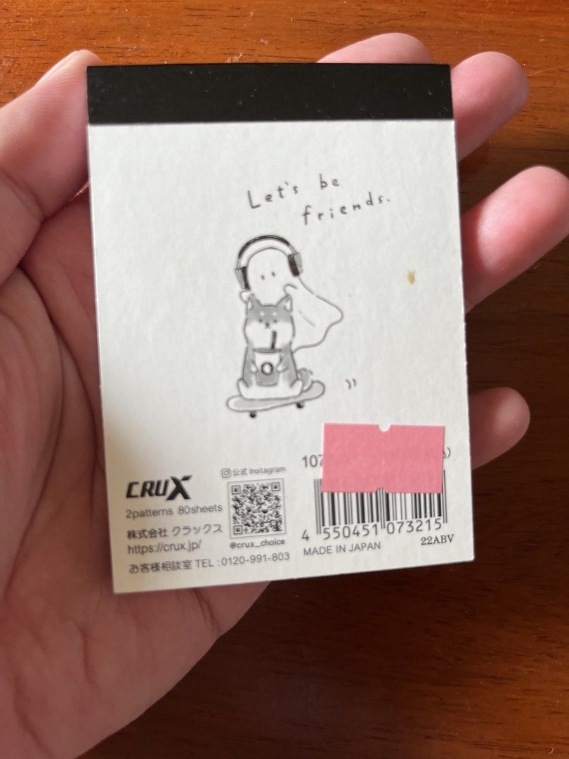 Cru-X Let's Be Friends Memo Pad Notepad 80 Sheets (Category: Stationery & School Supplies) located in Malolos. Submitted by mavi.annxo (Listing ID 1467388232, Image 2). Description: - Authentic Cru-X memo pad made in Japan - Features an adorable dog and ghost design with 'Let's be friends' text - Total of 80 sheets with 2 cute alternating patterns - Brand new and unused with original backing card and barcode sticker intact - Ideal for journaling,