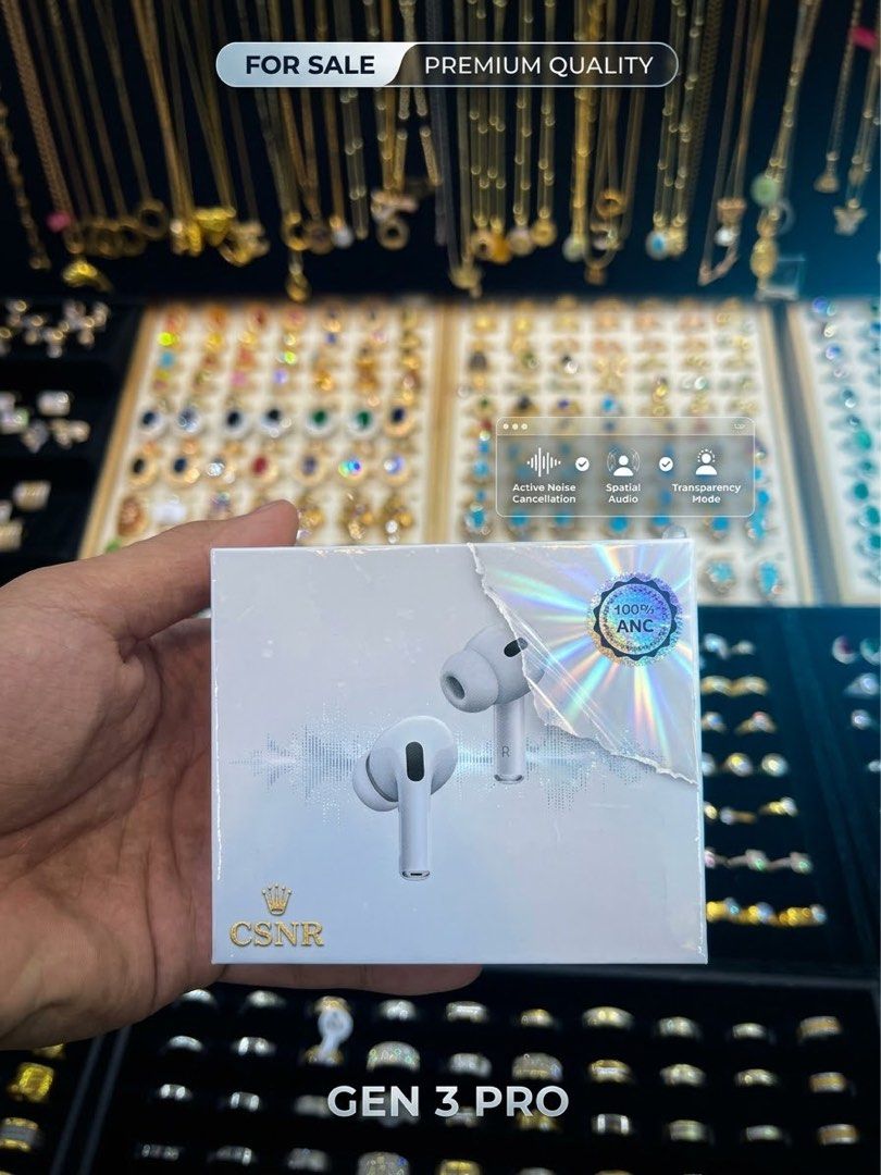 CSNR Gen 3 Pro Wireless Earbuds Active Noise Cancellation (Category: Earphones) located in Pasay City. Submitted by cassanor (Listing ID 1467582806, Image 1). Description: - Model: CSNR Gen 3 Pro Wireless Earbuds - Color: White - Condition: Brand new, unused, and sealed in box - Authenticity: Features 100% ANC holographic sticker on the front - Key Features: Active Noise Cancellation (ANC), Spatial Audio, and Transparency Mode - Packaging: Clean,