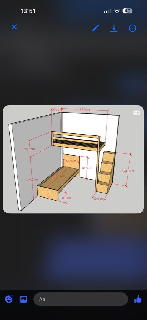 Custom L-Shaped Wooden Loft Bed with Stairs (Category: Bed Frames & Mattresses) located in Taguig. Submitted by k.nvjs (Listing ID 1467409302, Image 1). Description: Custom wooden loft bed in natural finish with a lower single bed, right-side built-in staircase, and upper safety rails. Perfect space-saving solution for kids or guest rooms. Dimensions: 167 cm top width, 187 cm lower length, 146 cm lower height..