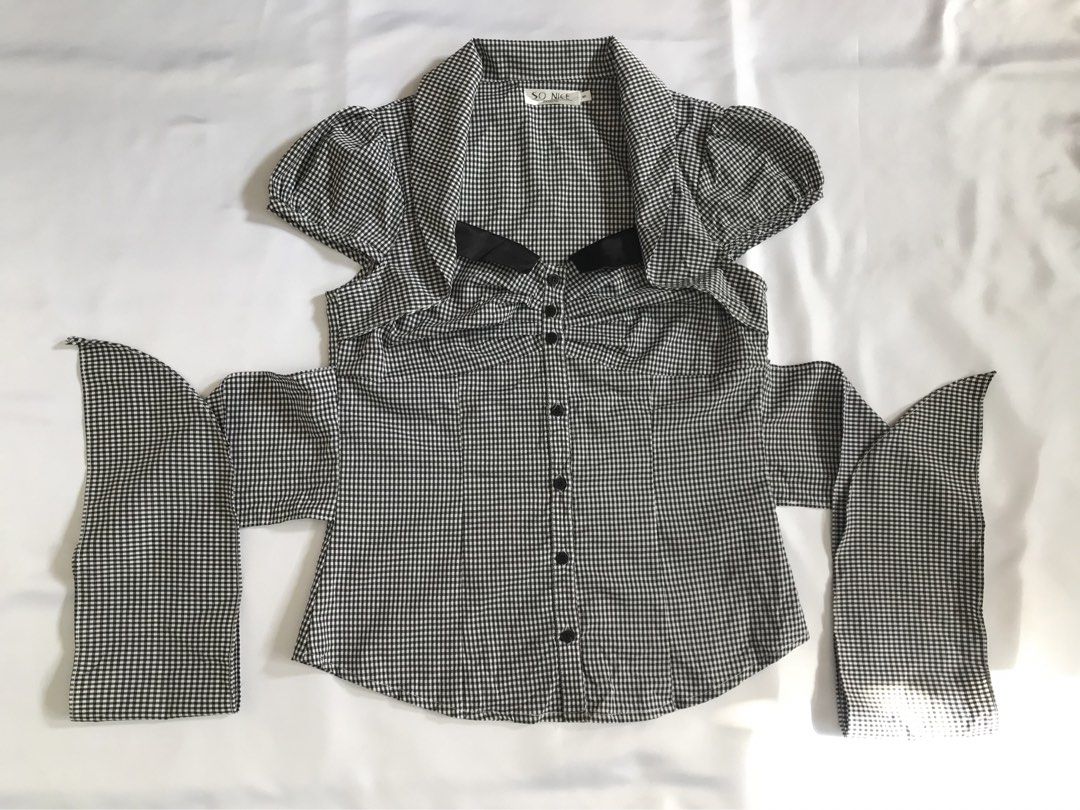 Dark Coquette Black & White Gingham Blouse (Category: Blouses) located in Davao. Submitted by mira_e02 (Listing ID 1467396940, Image 3). Description: Bust: 34 inch, Length: 25 inch Waist: 26-28 inch, S-M .