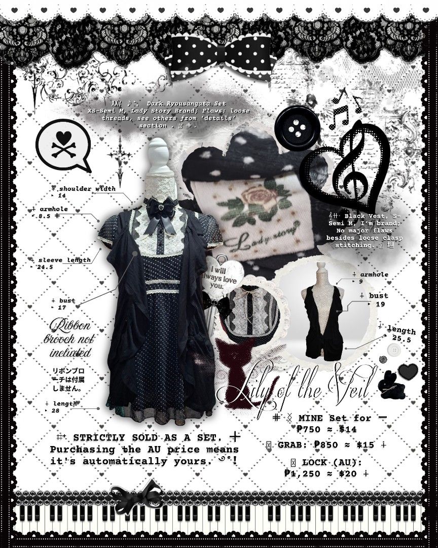 Dark Ryousangata Set (Category: Sets or Coordinates) located in Manila. Submitted by lilyoftheveil (Listing ID 1467386034, Image 1). Description: ⌗⁺ 𝗦𝗧𝗔𝗧𝗨𝗦: 𝖮𝖯𝖤𝖭 ‎࿔˚！ 𖥻𓏵 𝗕𝗜𝗗 𝗣𝗥𝗜𝗖𝗘: ₊ ┼ 𝖬𝖨𝖭𝖤: ₱750 ≈ $14 ₊ ┼ 𝖦𝖱𝖠𝖡: ₱850 ≈ $15 ₊ ┼ 𝖫𝖮𝖢𝖪 (𝗔𝗨): ₱1,250 ≈ $20 𖥻𓏵 𝗕𝗜𝗗 𝗦𝗧𝗔𝗥𝗧𝗘𝗗: [DATE] • [TIME] 𖥻𓏵 𝗘𝗻𝗱 𝗼𝗳 𝗕𝗶𝗱𝗱𝗶𝗻𝗴: [DATE] • [TIME] 𖥻𓏵 𝗕𝗜𝗗 𝗗𝗨𝗥𝗔𝗧𝗜𝗢𝗡: 3 days from the first valid bid ⊹₊┈ㆍ┈ㆍ┈ㆍ✿ㆍ