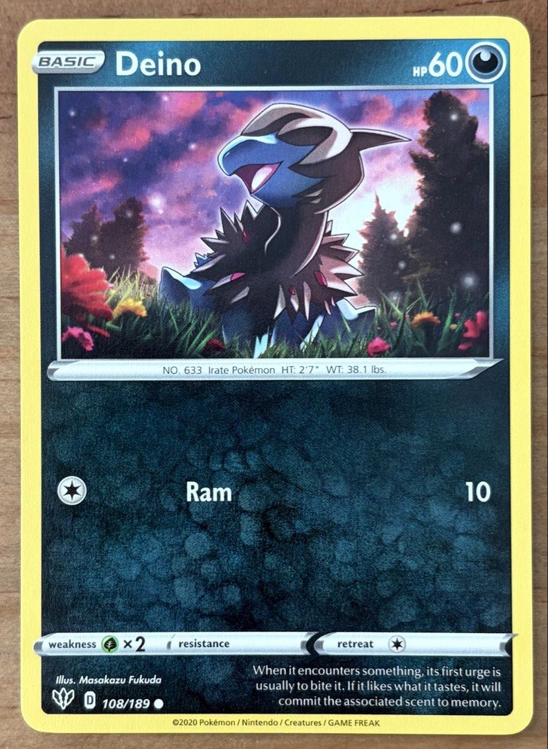 Deino | Pokemon Cards ~ Darkness Ablaze (Category: Raw Singles) located in Makati City. Submitted by cardlab (Listing ID 1467365414, Image 1). Description: Items are 💯 authentic/original/legit. About The Card: •Language: EN • Number: 108/189 • Common • Normal FOR: • Cards ₱99 and below with Card Sleeves • Cards ₱100 and up with Card Sleeves and Used Toploader • ₱10 for Bnew Tops Packaging (If Shipping): ✔️ Plastic cover ✔️ Cardboard ✔️ Bubble wr