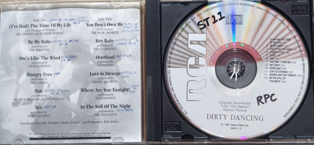 Dirty Dancing Original Soundtrack CD RCA Records 1987 (Category: CDs & DVDs) located in Manila. Submitted by ruelcabrer77078 (Listing ID 1467576945, Image 3). Description: - Item: Dirty Dancing Original Motion Picture Soundtrack CD - Release: RCA, 1987 - Key Tracks: (I've Had) The Time Of My Life, She's Like The Wind, Hungry Eyes, Be My Baby - Condition: Disc and inserts show some wear over the years - Inclusion: Original jewel case included.