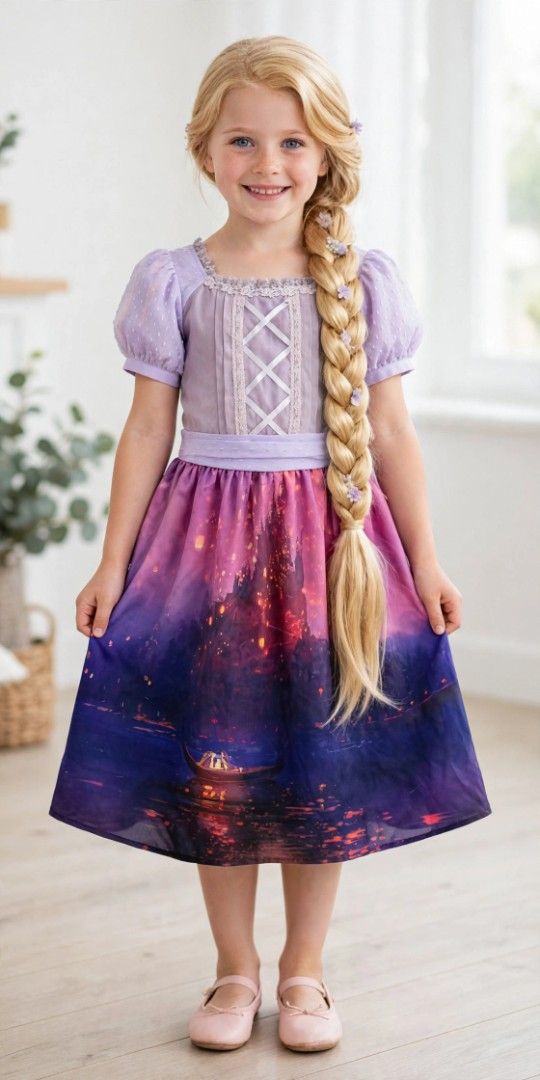 Disney Tangled Rapunzel Pricess Costume (Category: Babies & Kids Fashion) located in Manila. Submitted by tinygazo90639 (Listing ID 1467413525, Image 1). Description: - Stunning Rapunzel-inspired dress in shades of purple and lavender - Features cute short puffy sleeves and a lace-up ribbon bodice detail - Skirt showcases a magical printed graphic of the lantern boat scene from Tangled with a castle backdrop - Lightweight fabric with a comfortabl