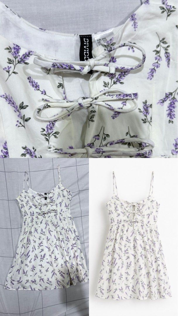 Divided H&M Lavender Floral Print Tie-Front Cami Dress (Category: Dresses) located in Taytay. Submitted by chichays (Listing ID 1467498564, Image 1). Description: - Style: White cami dress with a purple lavender floral print - Size: EUR XXS - Features: Adjustable thin straps, flared skirt, and 3 decorative fabric tie bows on the chest - Material: Lightweight, breathable cotton (perfect for warm weather) - Condition: Worn only twice, needs washing