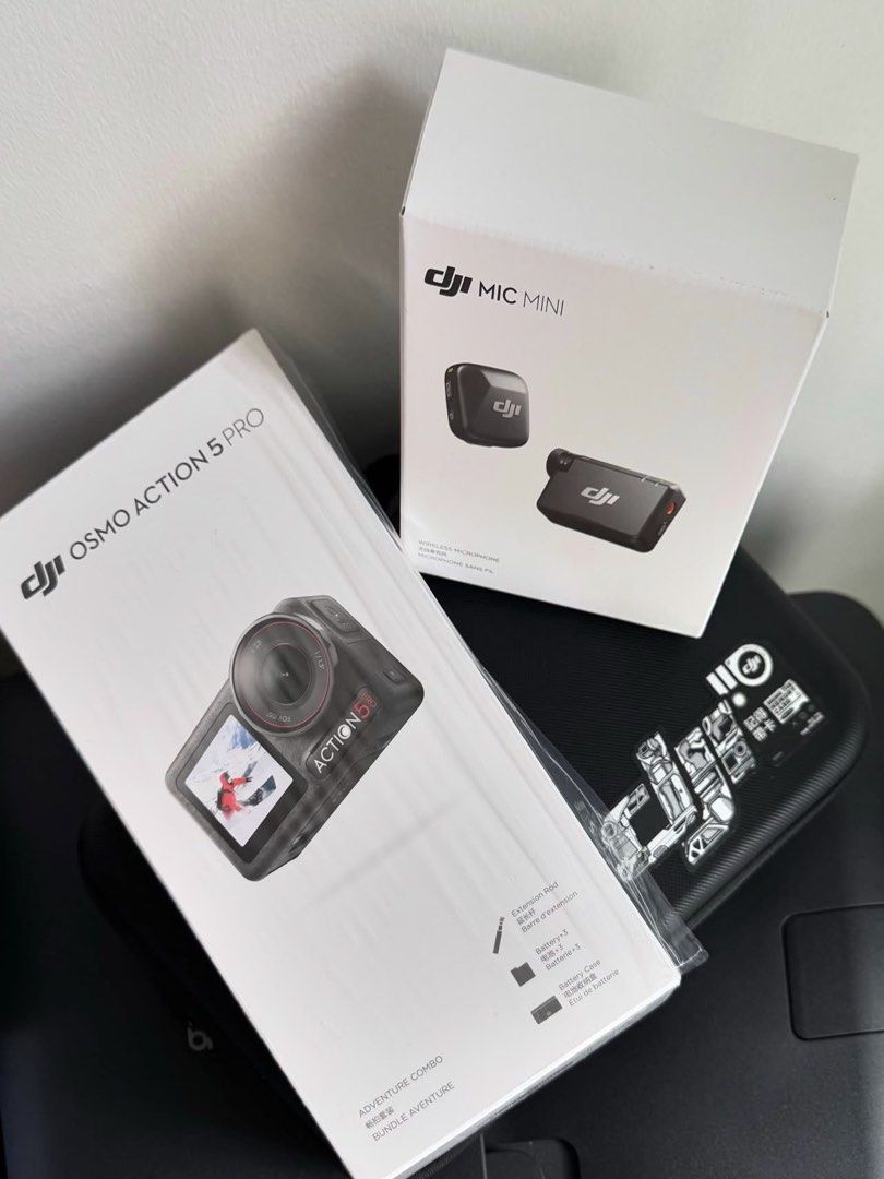 DJI Osmo Action 5 Pro Adventure Combo + Mic Mini (Category: Video Cameras) located in Manila. Submitted by heysugarstitch (Listing ID 1467541573, Image 1). Description: BARELY USED! WITH STORE RECEIPT AND UNDER WARRANTY - DJI Osmo Action 5 Pro Adventure Combo with original box - Includes 3 batteries, battery case, extension rod, protective frame, and mounting accessories - DJI Mic Mini wireless microphone set included (with original box) - Everyt