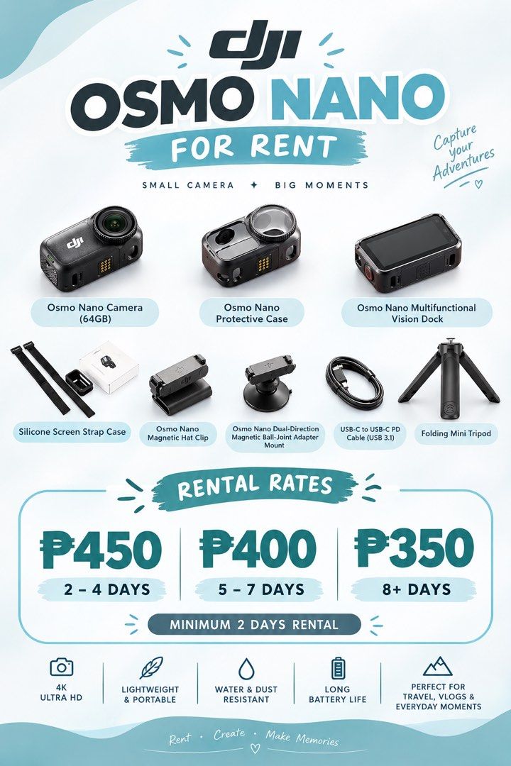 DJI Osmo Nano for RENT (Category: Cameras) located in Rodriguez. Submitted by kwizzia (Listing ID 1467601283, Image 1). Description: 📸 DJI OSMO NANO FOR RENT! 💜✨ Planning a trip, a weekend getaway, or starting your vlogging journey? Capture your precious moments with the DJI Osmo Nano! 🎥💖 ✨ Perfect for travel, vlogs, adventures & everyday memories! 💜 RENTAL RATES • ₱450/day — 2–4 days • ₱400/day — 5–7 days • ₱350/day — 8 days or more 📌 Mini