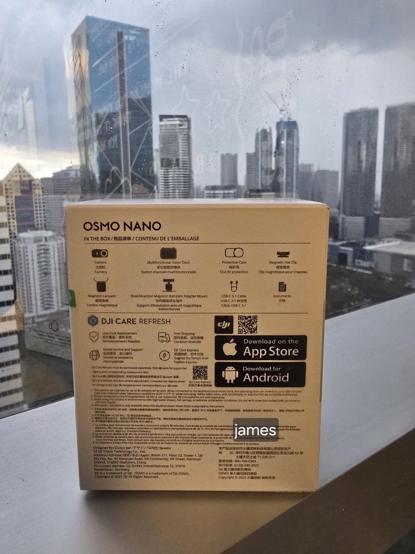 DJI Osmo Nano Standard Combo 64GB Action Camera (Category: Video Cameras) located in Pasig City. Submitted by yue24 (Listing ID 1467429744, Image 3). Description: - DJI Osmo Nano Standard Combo - Storage: 64GB internal storage - Condition: Brand new, factory-sealed box - Battery Life: Extended 200-minute battery life - Waterproof: Camera is waterproof up to 10m (IPX4-rated vision dock) - Audio: OsmoAudio direct microphone connection support - Fea