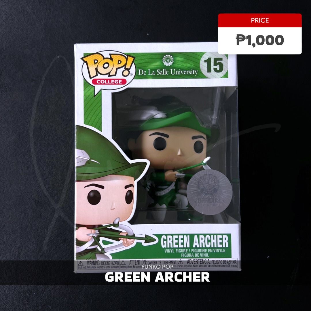 DLSU GREEN ARCHER FUNKO POP (Category: Designer & Blind Box Toys) located in Mandaluyong City. Submitted by iampatrik (Listing ID 1467386010, Image 1). Description: DLSU GREEN ARCHER FUNKO POP • Original Funko POP figure • NOOB (never out of box) • Box protector included.