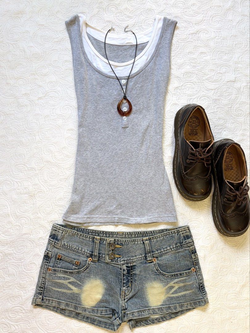double layer buttondown gray sando (Category: Sleeveless) located in Tarlac. Submitted by pearl_xoxo (Listing ID 1467568743, Image 1). Description: - double layer buttondown gray sando bust: 12” waist: 11” length: 21” size: xs-m issue: needwash brand: .
