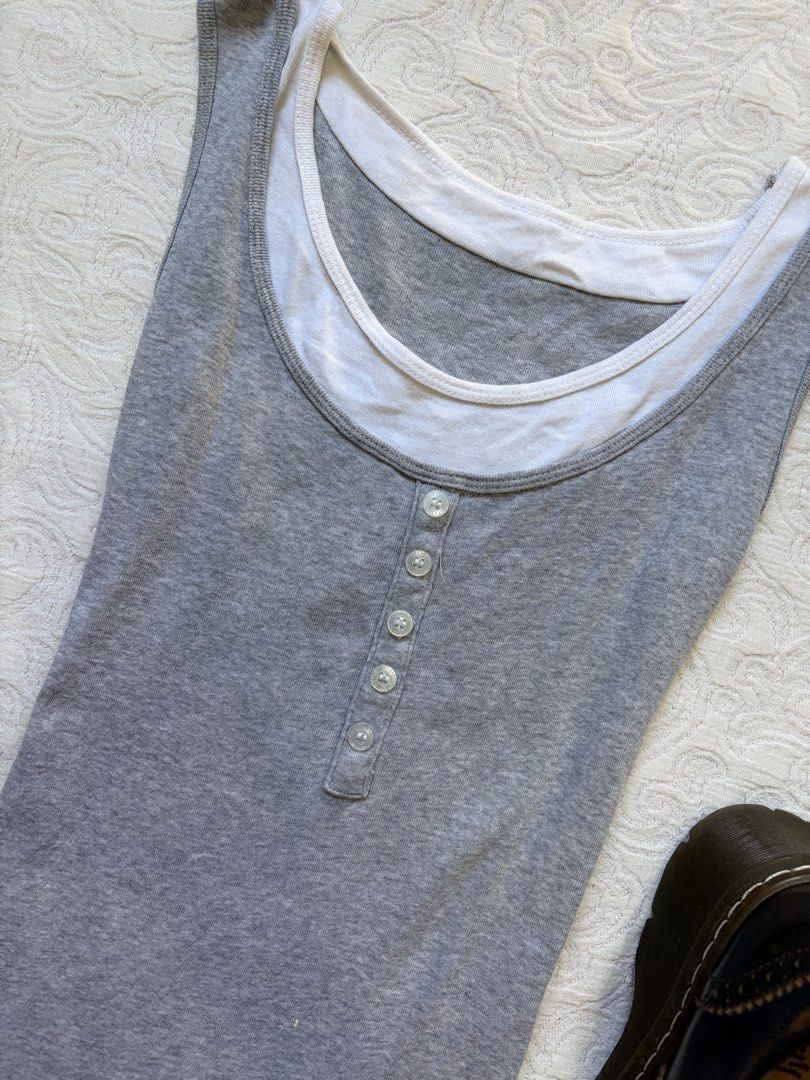 double layer buttondown gray sando (Category: Sleeveless) located in Tarlac. Submitted by pearl_xoxo (Listing ID 1467568743, Image 2). Description: - double layer buttondown gray sando bust: 12” waist: 11” length: 21” size: xs-m issue: needwash brand: .