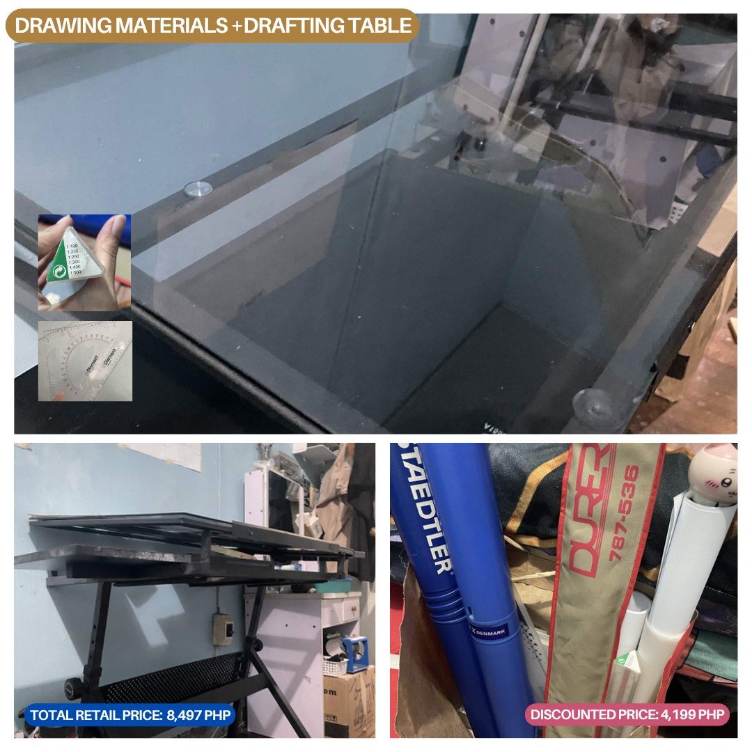 Drafting table and drafting materials (Category: Stationery & School Supplies) located in Manila. Submitted by aariaaa (Listing ID 1467396865, Image 1). Description: Glass drafting table + Drafting materials - scale bar (free na po) - canisters (2) - triangle set - tsquare - glass drafting table - 20x30, 15x20 papers (libre na po, wala pong nakasulat or any marks) - oil pastels (free na rin po, nawawala n po ung ibang colors tho).