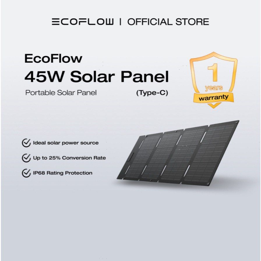 EcoFlow 45W Solar Panel Portable Type-C (Category: Batteries & Power Banks) located in Talavera. Submitted by cshellyhaz00808 (Listing ID 1467591093, Image 2). Description: - 45W portable solar panel with convenient Type-C connection - High 25% conversion rate for fast and efficient charging - IP68 water and dust resistant, built for outdoor adventures - Folds down compactly for easy storage and transport - Reliable on-the-go power source for all
