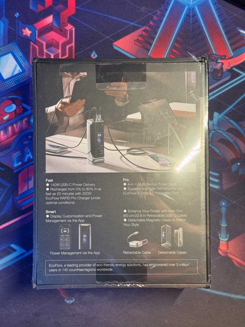 Ecoflow Rapid Pro X (Category: Batteries & Power Banks) located in Rizal. Submitted by aybannn (Listing ID 1467514020, Image 2). Description: Ecoflow Rapid Pro X 27,650mAh Price is slightly negotiable Antipolo Area Pick up or Shipping only Specs: 1x USB-C Port 140W 2x USB-C Port 65W 1x USB-C retractable cable 140W POGO Pins for modular accessories LCD Display with customizable wallpaper App Support Weighs 700g .
