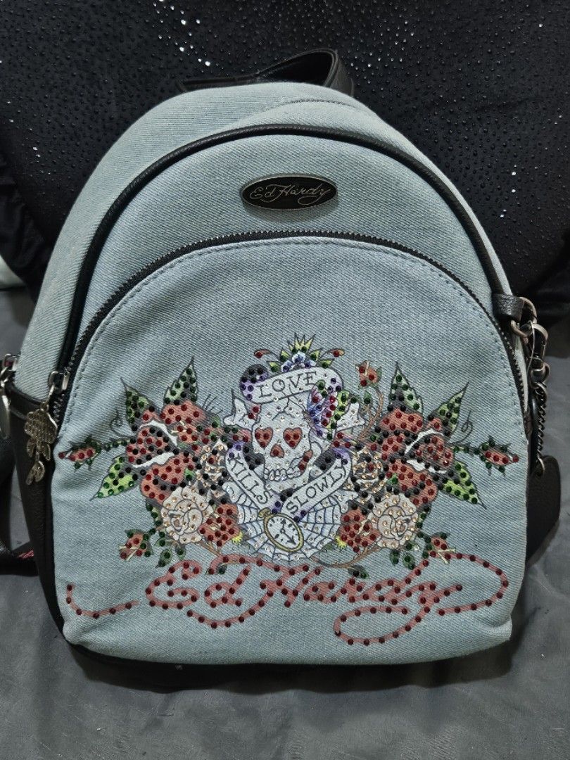 Ed Hardy Denim Backpack (Category: Backpacks) located in General Trias. Submitted by averageukayenjoyer (Listing ID 1467382400, Image 1). Description: - Material: Denim and black vegan leather - Condition: Brand new with original tags attached - Authentic, bought from US.