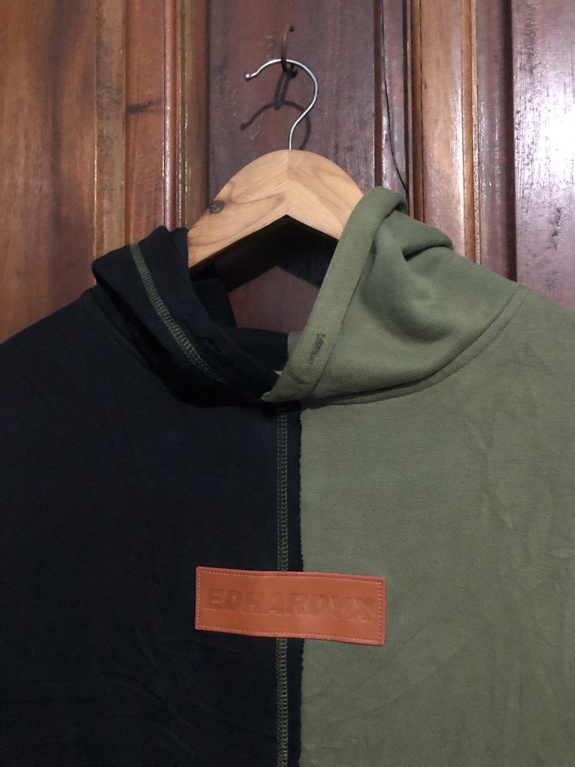 Ed Hardy X Patchwork Hoodie Olive Black Camo XXS (Category: Hoodies) located in Quezon City. Submitted by yeahsource222 (Listing ID 1467529342, Image 2). Description: - Brand: Ed Hardy X - Design: Patchwork in olive, black, and camo with exposed stitching and raw edge hem - Size: XXS (160/84A) - Material: 100% cotton for ultimate comfort - Details: Contrast front pouch pocket and brown faux leather chest logo patch - Origin: Made in China - Condi