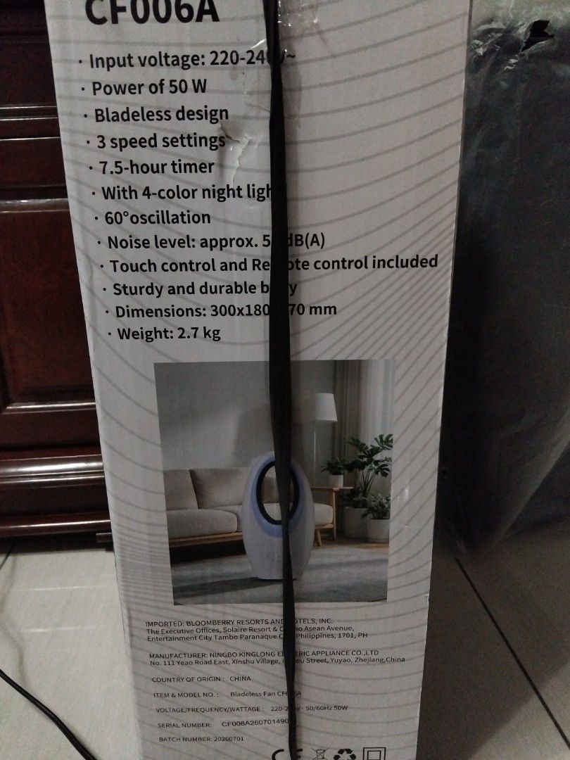 Electric Fan Bladeless Fan (Category: Fans) located in Manila. Submitted by cattss__ (Listing ID 1467487633, Image 2). Description: MOP: gcash + sf MOD: jnt or lalamove loc: tondo, manila No Return No Exchange.