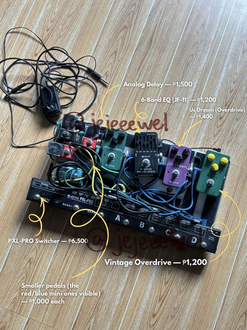 ELECTRIC GUITAR + PEDALBOARD SETUP (Category: Musical Instruments) located in Valenzuela. Submitted by jejeeewel (Listing ID 1467470117, Image 1). Description: read before you offer ! helping someone sell these ^^ 🎸 Fernando eguitar — ₱4,000 - Comes with soft gig bag - Condition: good / see photos 🎛️ Pedalboard & Effects - Joyo PXL-PRO Switcher — ₱6,500 - Joyo Analog Delay — ₱1,500 - Joyo 6-Band EQ (JF-11) — ₱1,200 - Joyo Us Dream Overdrive — ₱