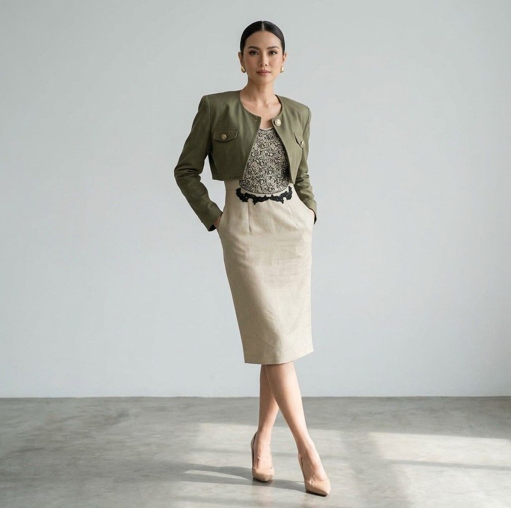 Elegant Single Button A-Zoo Army Green Crop Blazer Jacket - Large (Category: Coats, Jackets and Outerwear) located in Bacoor. Submitted by aithriftcloset (Listing ID 1464770868, Image 1). Description: Code: Simple Yet Elegant 🏆👌Elegant Single Button A-Zoo Army Green Crop Blazer Jacket - Large 📢NOTE: Minimal sign of usage see last photo( minor runs but unnoticeable when worn) ✨️Description Elevate your wardrobe with this stylish and sophisticat
