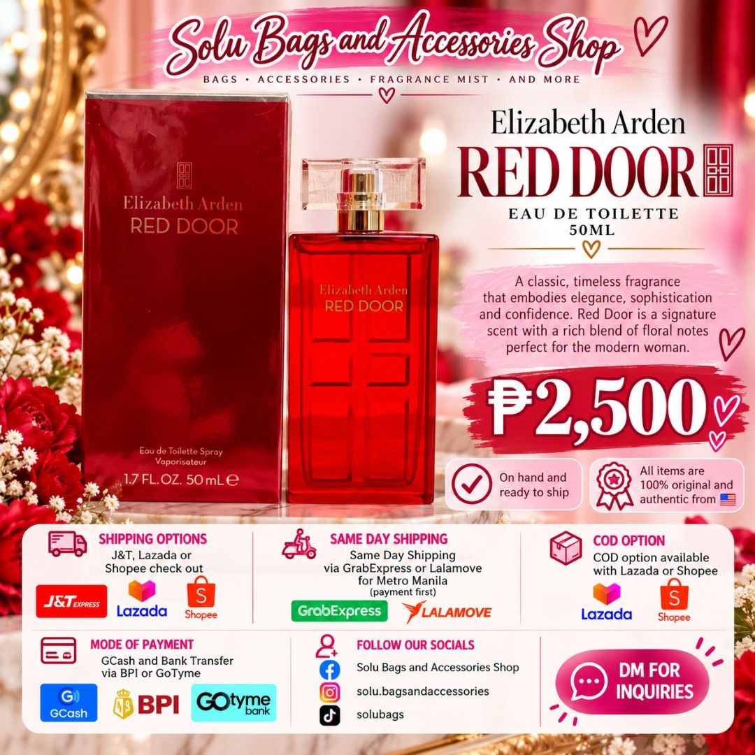 Elizabeth Arden Eau de Toilette (Category: Fragrance & Deodorants) located in Taguig. Submitted by mommasolu (Listing ID 1467390238, Image 1). Description: Elizabeth Arden Red Door Eau de Toilette 50ml 🔖2500.00 php ❣️ DM for queries ❣️On hand and ready to ship ❣️All items are 💯 original and authentic from 🇺🇸 MOP: GCash and Bank Transfer via BPI or GoTyme.