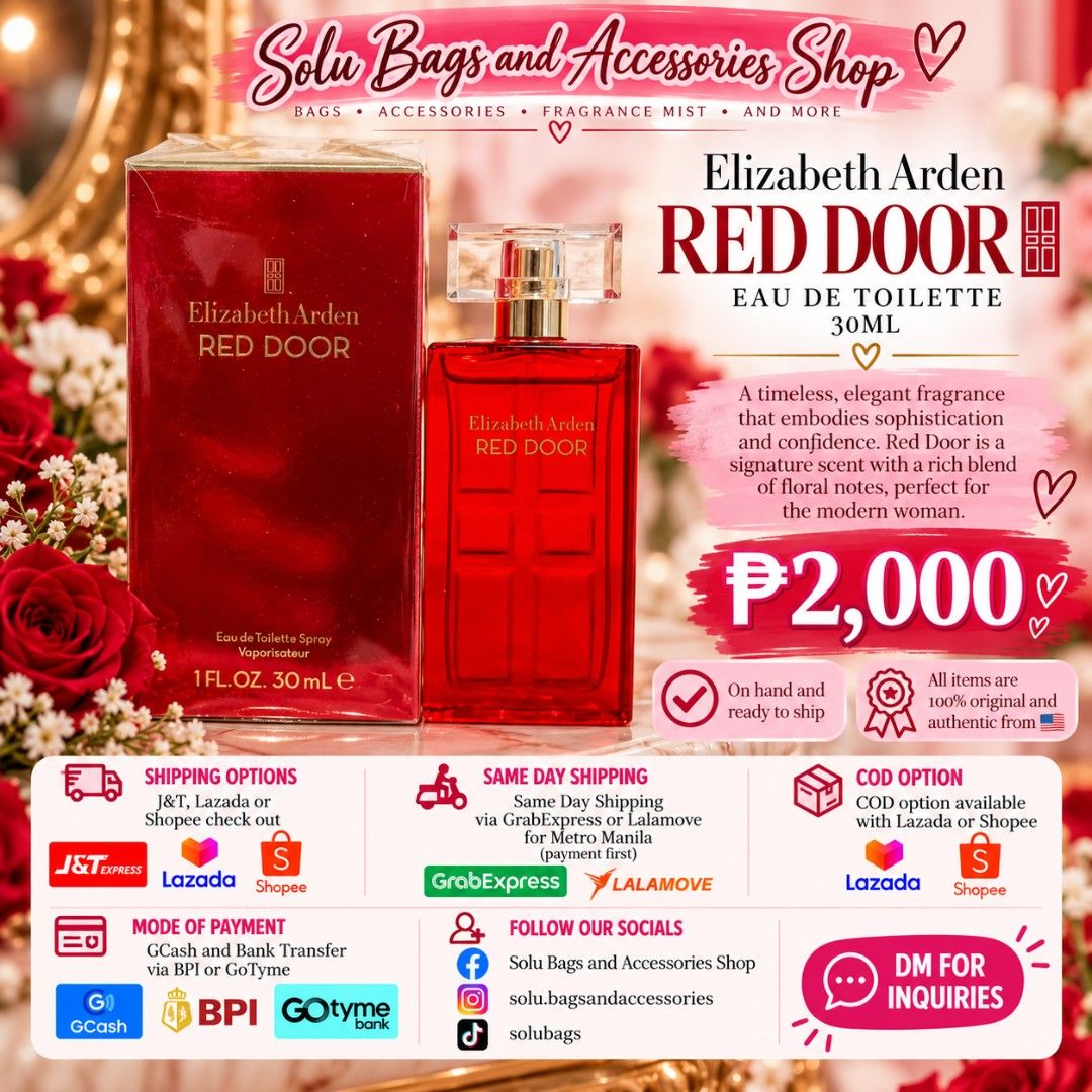 Elizabeth Arden Red Door 30ml (Category: Fragrance & Deodorants) located in Taguig. Submitted by mommasolu (Listing ID 1467392060, Image 1). Description: ❣️On hand and ready to ship ❣️All items are 💯 original and authentic from 🇺🇸 MOP: GCash and Bank Transfer via BPI or GoTyme.