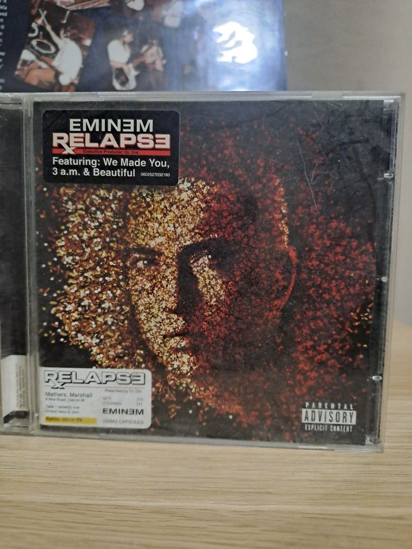 Eminem Relapse CD Album (Category: CDs & DVDs) located in Las Pinas. Submitted by cobieshop (Listing ID 1467489569, Image 1). Description: - Album: Eminem Relapse Audio CD - Condition: Disc plays fine, case has minor storage scuffs - Features: Original hype stickers and Parental Advisory label included - Ideal for: Hip hop fans and CD collectors - Meetup or shipping available across the Philippines.