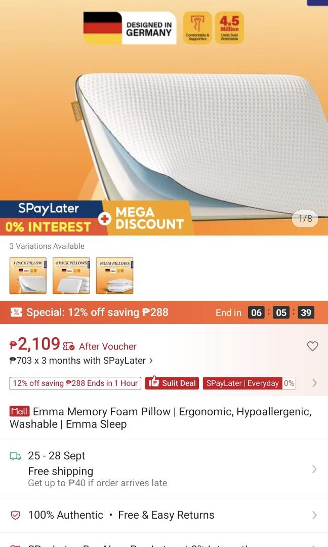 Emma Foam Pillow 70x40 (Category: Bedding & Towels) located in Manila. Submitted by htradingco (Listing ID 1467480339, Image 3). Description: - Brand: Emma Foam Pillow - Size: 70x40 cm - Condition: Brand new in unopened original box - Cover: White with patterned texture - Material: 98% polyester, 2% elastan.