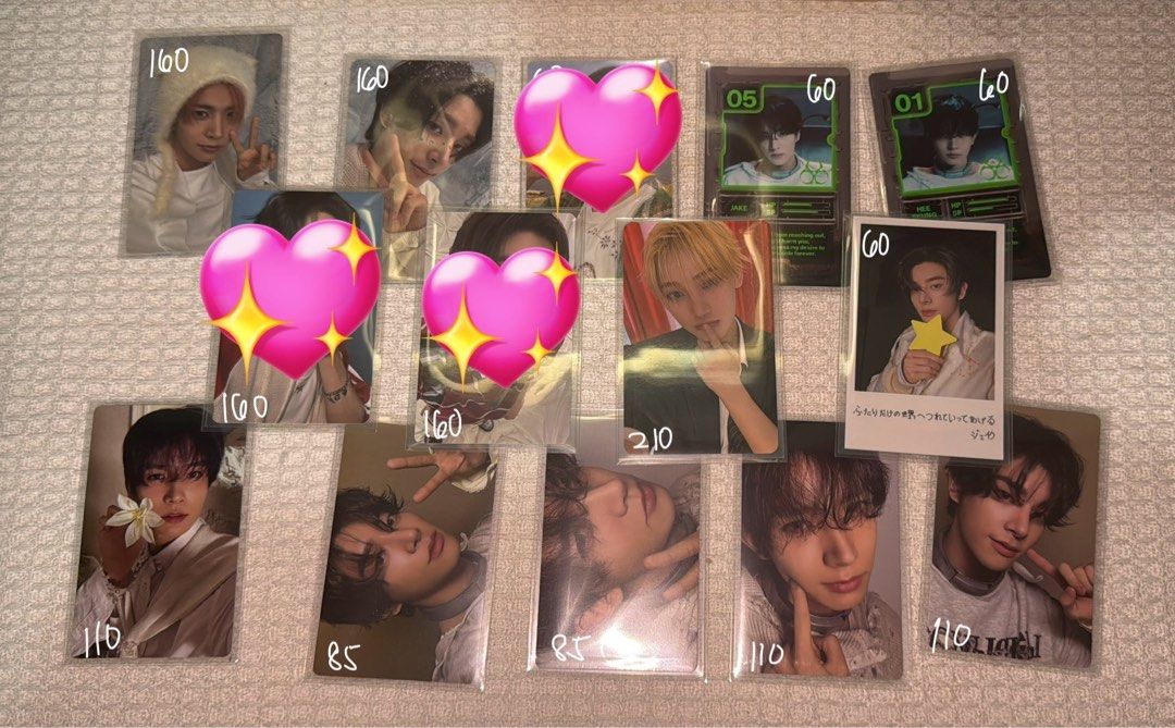 ENHYPEN Photo cards Assorted (Category: K-Wave Merchandise) located in Marikina City. Submitted by eulamontt (Listing ID 1467457811, Image 1). Description: - ENHYPEN photocards with sleeves - Prices range from ₱60 to ₱210 (individual prices written on sleeves) - Condition: Sleeved immediately after pulling, stored in a binder away from sunlight - Important: Message to check availability of specific cards before purchasing - Packaging: Shipped saf