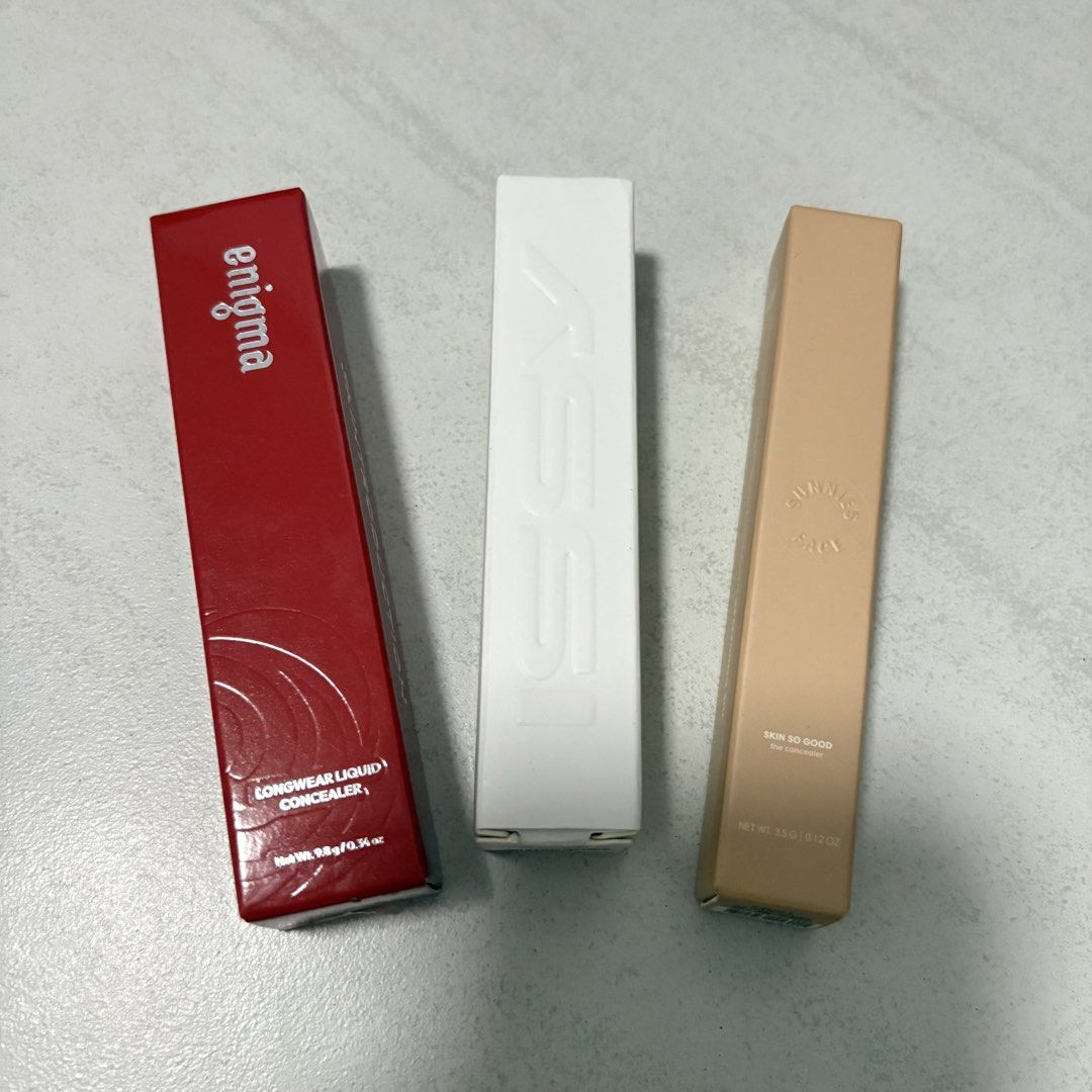 Enigma, Issy, Sunnies Face Concealer (Category: Makeup) located in Navotas City. Submitted by kathyp10 (Listing ID 1467451266, Image 1). Description: Enigma Skintroduction Longwear Liquid Concealer -Shade: LN06 Light Beige ₱370 Issy Fluid Flex Stretchable Coverage Concealer -Shade: NL2.5 (FC) ₱350 Sunnies Face Skin So Good Instant Brightening Concealer -Shade: Flan ₱450 -Price negotiable for sure buyers MOP: Gcash, GoTyme MOD: Lalamove, J&T .