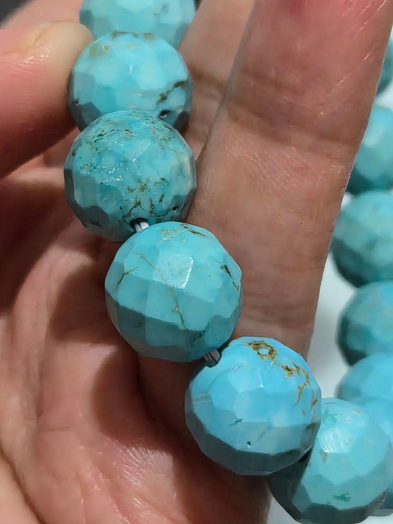 Faceted Turquoise Stone Beaded Stretch Bracelet (Category: Bracelets) located in Mandaue City. Submitted by chuchi152615 (Listing ID 1467551445, Image 2). Description: - Vibrant turquoise beaded bracelet with stunning natural matrix patterns - Faceted beads that catch the light beautifully - Beautiful robin's egg blue shade with unique brownish webbing - Smooth and polished finish for all-day comfort - Stretchy elastic cord design that fits most 