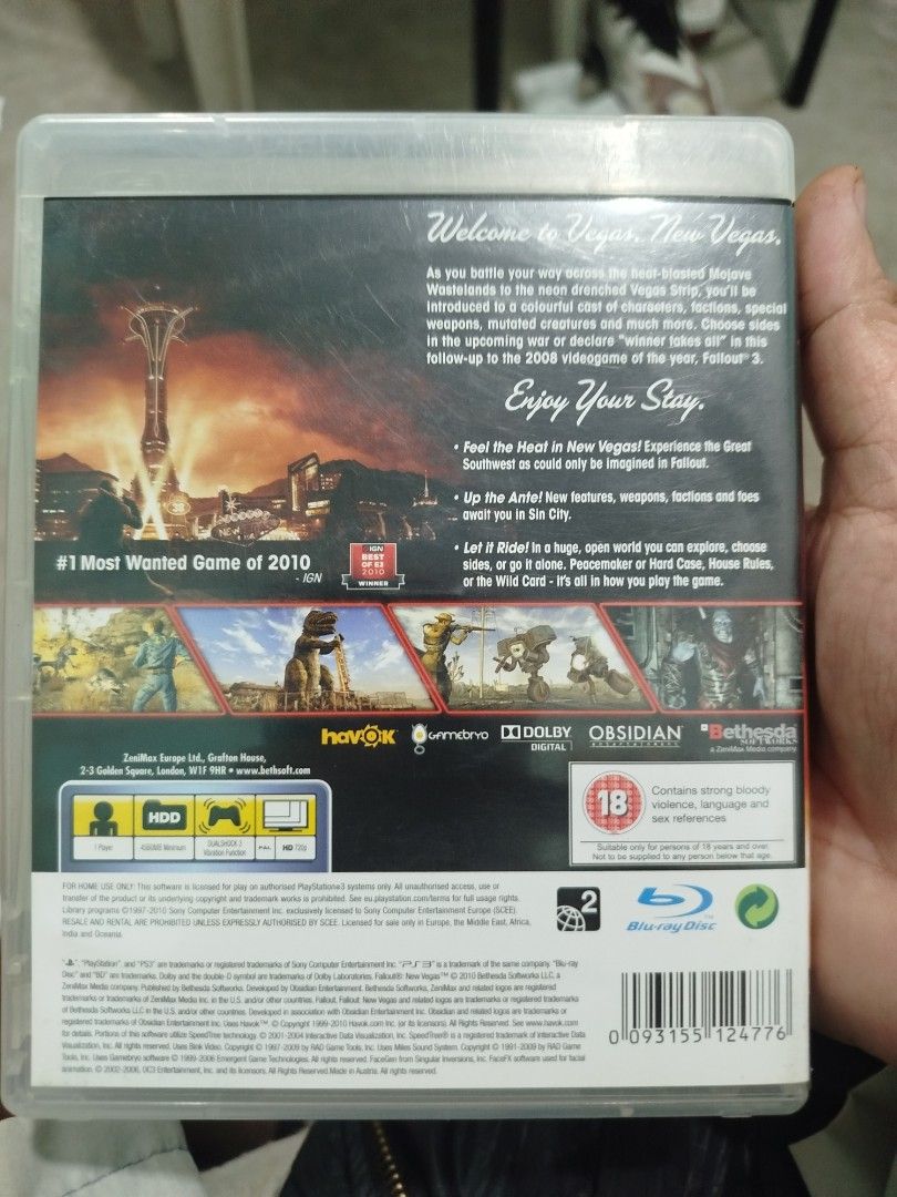 Fallout New Vegas PS3 Game (Category: PlayStation) located in Subic. Submitted by regiedaniel01 (Listing ID 1467512965, Image 3). Description: - Title: Fallout New Vegas - Platform: PlayStation 3 (PS3) - Region: Region 2 PAL - Genre: Open-world RPG / Post-apocalyptic shooter - Inclusions: Original case, game disc, and manual - Condition: Decent shape, tested and working.