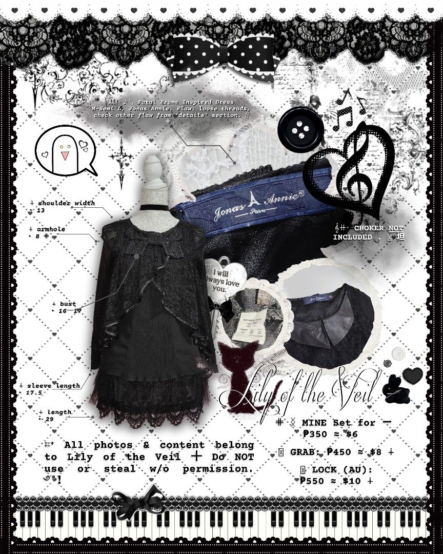 Fatal Frame Inspired Dress (Category: Dresses) located in Manila. Submitted by lilyoftheveil (Listing ID 1467443290, Image 1). Description: ⌗⁺ 𝗦𝗧𝗔𝗧𝗨𝗦: 𝖮𝖯𝖤𝖭 ‎࿔˚！ 𖥻𓏵 𝗕𝗜𝗗 𝗣𝗥𝗜𝗖𝗘: ₊ ┼ 𝖬𝖨𝖭𝖤: ₱350 ≈ $6 ₊ ┼ 𝖦𝖱𝖠𝖡: ₱450 ≈ $8 ₊ ┼ 𝖫𝖮𝖢𝖪 (𝗔𝗨): ₱550 ≈ $10 𖥻𓏵 𝗕𝗜𝗗 𝗦𝗧𝗔𝗥𝗧𝗘𝗗: [DATE] • [TIME] 𖥻𓏵 𝗘𝗻𝗱 𝗼𝗳 𝗕𝗶𝗱𝗱𝗶𝗻𝗴: [DATE] • [TIME] 𖥻𓏵 𝗕𝗜𝗗 𝗗𝗨𝗥𝗔𝗧𝗜𝗢𝗡: 3 days from the first valid bid ⊹₊┈ㆍ┈ㆍ┈ㆍ✿ㆍ┈ㆍ┈ㆍ┈₊⊹ Vi