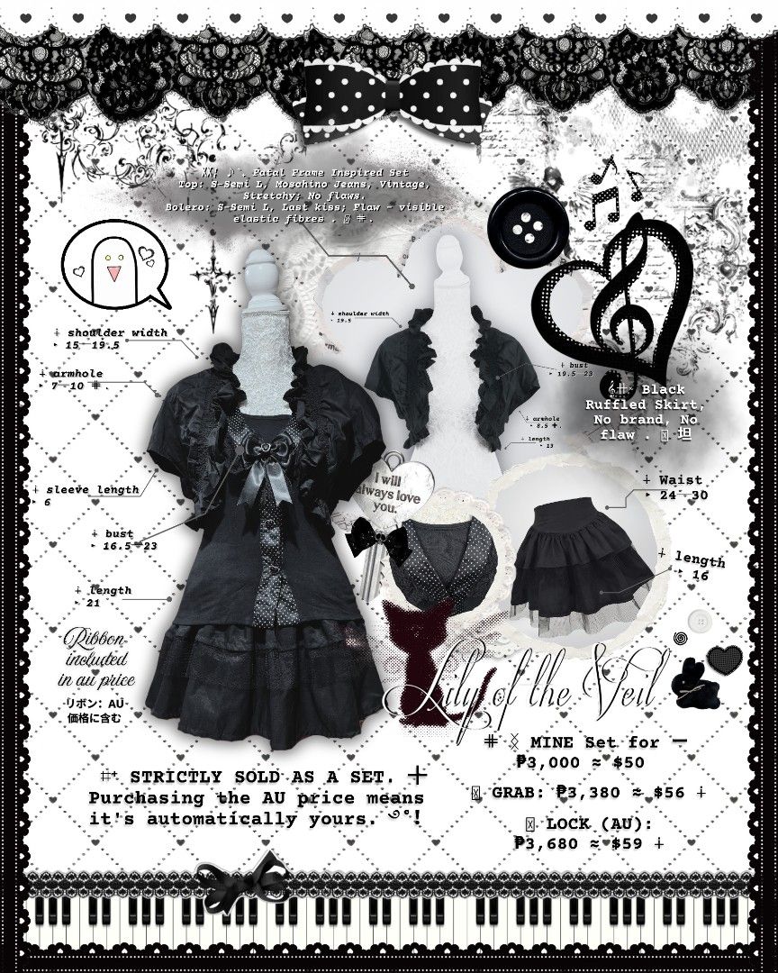 Fatal Frame Inspired Set (Category: Sets or Coordinates) located in Manila. Submitted by lilyoftheveil (Listing ID 1467455653, Image 1). Description: ⌗⁺ 𝗦𝗧𝗔𝗧𝗨𝗦: 𝖮𝖯𝖤𝖭 ‎࿔˚！ 𖥻𓏵 𝗕𝗜𝗗 𝗣𝗥𝗜𝗖𝗘: ₊ ┼ 𝖬𝖨𝖭𝖤: ₱3,000 ≈ $50 ₊ ┼ 𝖦𝖱𝖠𝖡: ₱3,380 ≈ $56 ₊ ┼ 𝖫𝖮𝖢𝖪 (𝗔𝗨): ₱3,680 ≈ $59 𖥻𓏵 𝗕𝗜𝗗 𝗦𝗧𝗔𝗥𝗧𝗘𝗗: [DATE] • [TIME] 𖥻𓏵 𝗘𝗻𝗱 𝗼𝗳 𝗕𝗶𝗱𝗱𝗶𝗻𝗴: [DATE] • [TIME] 𖥻𓏵 𝗕𝗜𝗗 𝗗𝗨𝗥𝗔𝗧𝗜𝗢𝗡: 3 days from the first valid bid ⊹₊