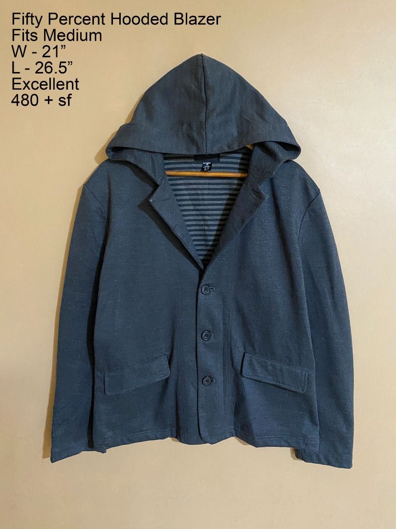 Fifty Percent Dark Grey Hooded Blazer (Category: Coats, Jackets and Outerwear) located in Cadiz. Submitted by thespotcdz (Listing ID 1467403485, Image 1). Description: Fits Medium Width 21" Length 26.5" Excellent condition.