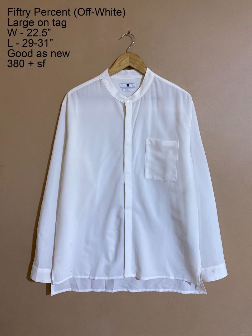 Fifty Percent Off White Stand Collar Button Long Sleeves (Category: Tshirts & Polo Shirts ) located in Cadiz. Submitted by thespotcdz (Listing ID 1467397288, Image 1). Description: Large on tag Width 22.5" Length 29-31" Good as new.