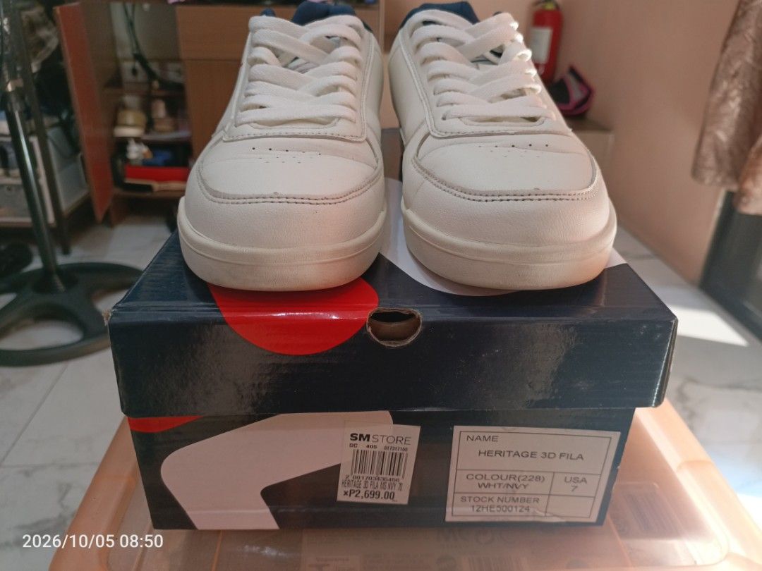 Fila Heritage 3D Sneakers White Navy Size 7 (Category: Sneakers) located in Pasig City. Submitted by d.m.1980 (Listing ID 1467510567, Image 2). Description: Model: Fila Heritage 3D Colorway: White, navy, and red accents Size: 7 US Lightly used Item location: Buting Pasig City Other queries Please PM me -.