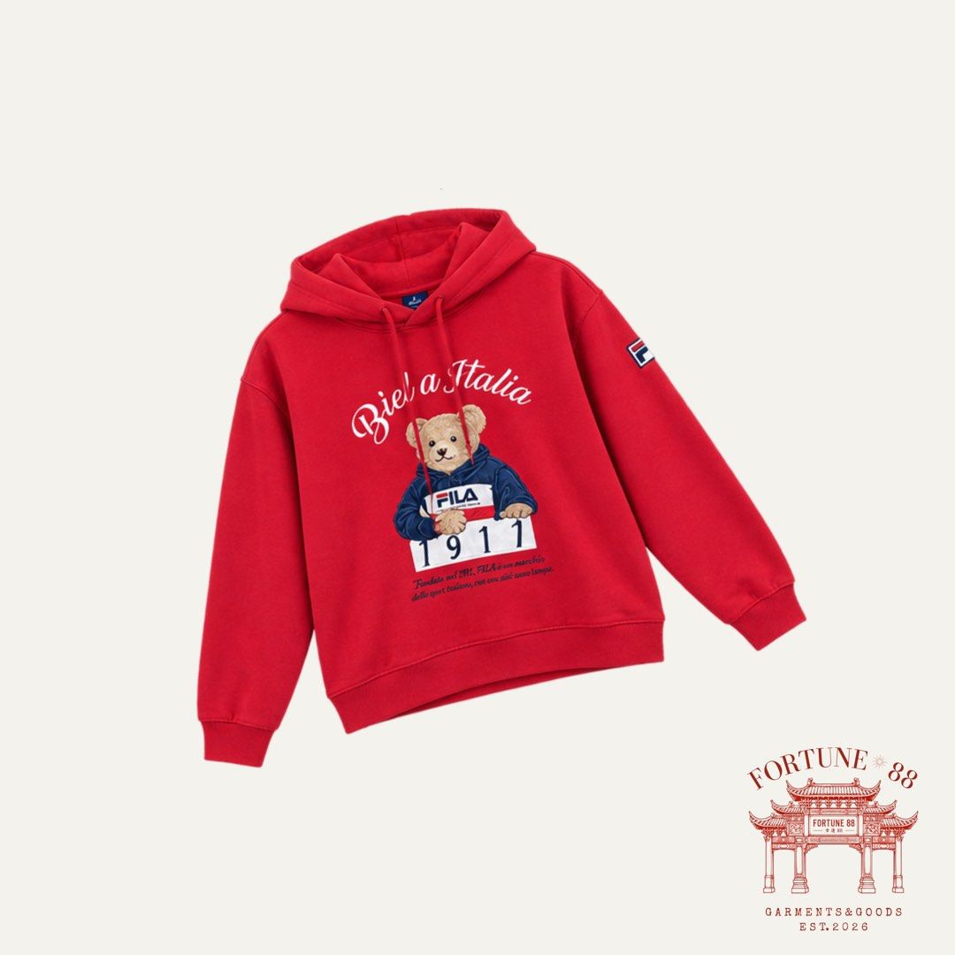 Fila Red Graphic Hoodie (Category: Coats, Jackets and Outerwear) located in Paranaque City. Submitted by f0rtune_88 (Listing ID 1467389295, Image 1). Description: Price: ₱400 Size: Large Color: Red Style: Graphic Pullover Hoodie Details: Teddy bear graphic with drawstring hood and ribbed cuffs and hem Measurements: 24” length × 21” width Condition: Like new.