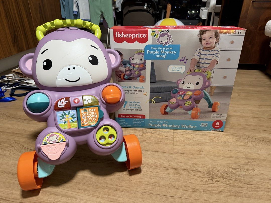 Fisher-Price Learn with Me Purple Monkey Walker with Box (Category: Infant Playtime) located in Makati City. Submitted by st0cker (Listing ID 1467478545, Image 1). Description: - Fisher-Price Learn with Me Purple Monkey Walker with original box - Plays the popular Purple Monkey song, plus fun lights and sounds - 7 hands-on sit-and-play activities for younger babies - Sturdy design provides great support for first steps and walking - Excellent int