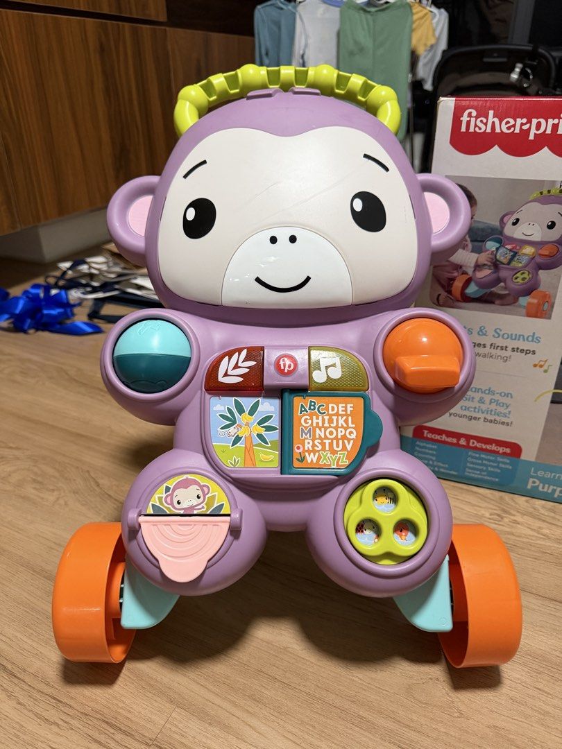 Fisher-Price Learn with Me Purple Monkey Walker with Box (Category: Infant Playtime) located in Makati City. Submitted by st0cker (Listing ID 1467478545, Image 2). Description: - Fisher-Price Learn with Me Purple Monkey Walker with original box - Plays the popular Purple Monkey song, plus fun lights and sounds - 7 hands-on sit-and-play activities for younger babies - Sturdy design provides great support for first steps and walking - Excellent int